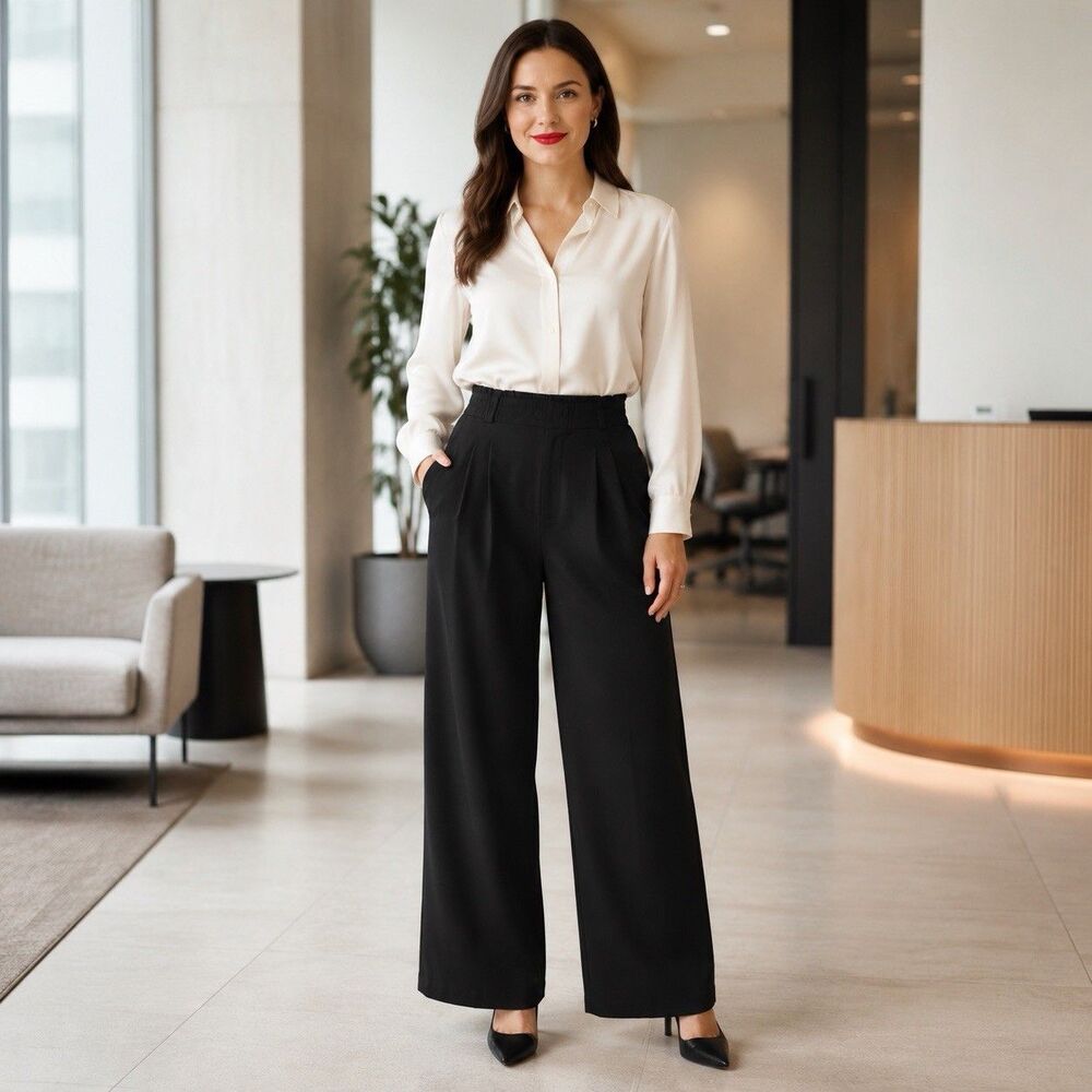 Halara Womens Large Black Pleated Wide Leg Stretch Pants Trousers Pull On